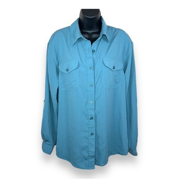 Large Vintage Laura Scott Teal Blue Long Sleeve Button Down Top Roll Tab - Picture 1 of 9